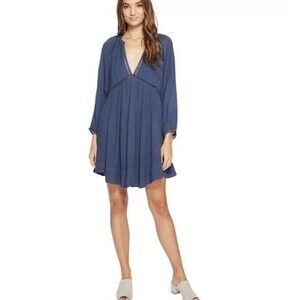 Free People Blue Go Lightly Swing Dress V‎ Neck 3/4 Sleeve Boho-Size Small